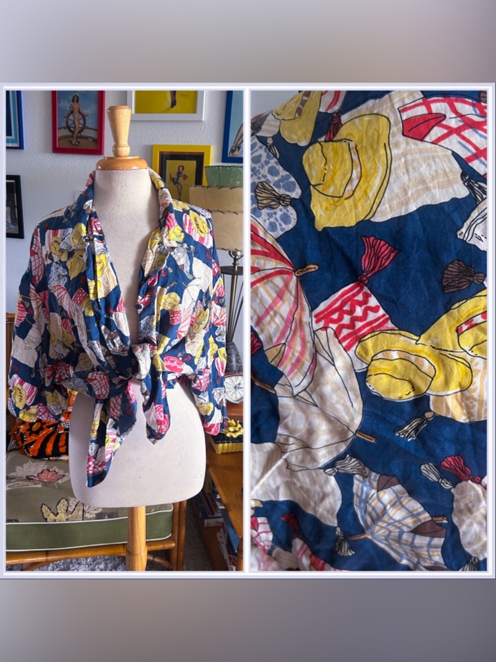 Vintage 1940s Style Blouse | Novelty Hat Print |  2XL | 40s | 1980s | Curvy